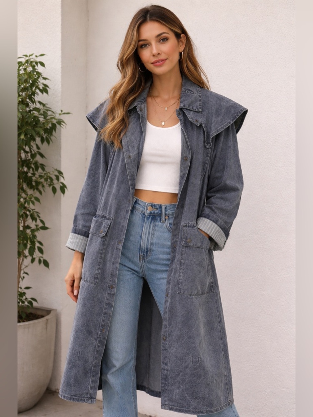 Australian Outback Denim Duster Trench Coat Unisex Jean Jacket Gray